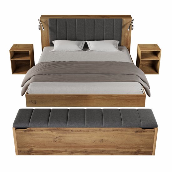 Houten bedframe met gestoffeerd grijs hoofdbord, 2 nachtkastjes, opbergbank en leeslampjes.