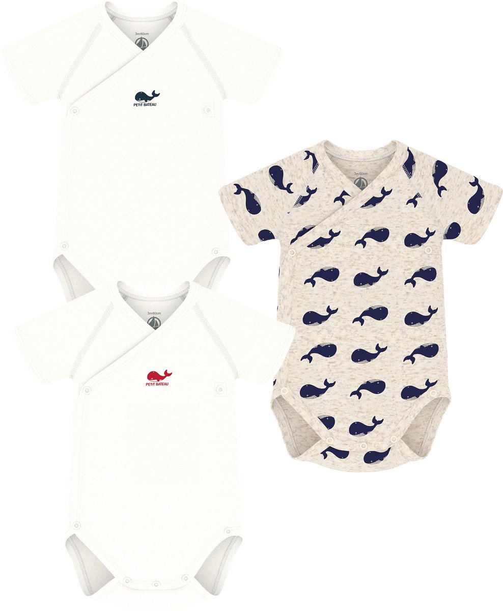 Petit Bateau Set van 3 katoenen rompertjes met print en korte mouwen voor baby's Unisex Rompertje - Wit/Blauw + Beige/Blauw + Wit/Rood