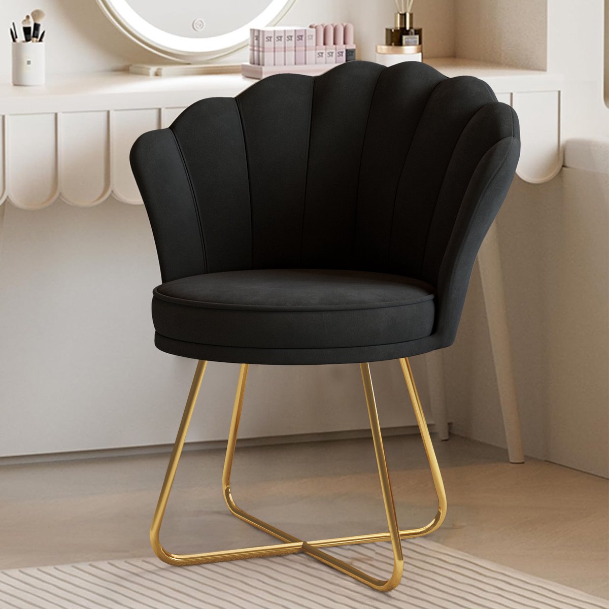 Moderne Accentstoel, Fluwelen Schelpstoel met Gouden Poten – Gestoffeerde Make-up Stoel,Comfortabele Kaptafelstoel voor Slaapkamer, Woonkamer & Kantoor,Zwart