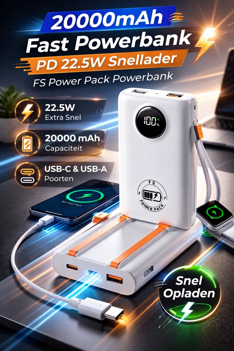 20000mAh Fast Powerbank -PD 22.5W Snellader- FS Power Pack Powerbank 20000mAh – 22.5W – Met Ingebouwde Kabels – LED Display – Type-C & USB – Wit-Powerbank led display - Draagbare oplader - Externe batterij - Grote capaciteit - Powerbank- Snellader – foto 3