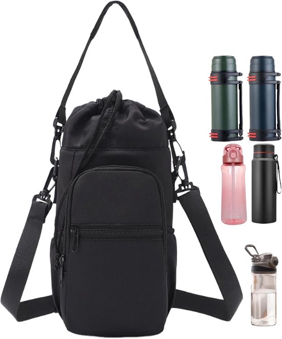 Draagbare flessenhouder - effen nylon hoes met polyester voering, verstelbaar voor thermosflessen, ideaal voor outdoorsport, reizen, school, kantoor, wandelen en sportschool. — afbeelding 5