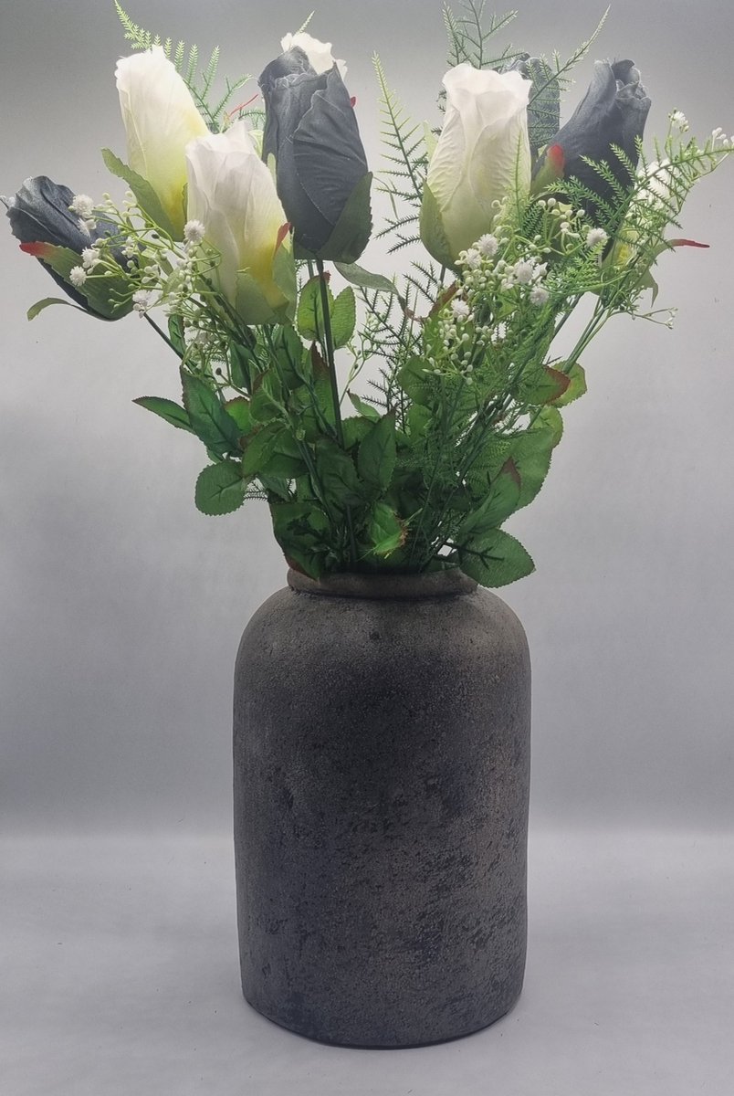 Boeket - asparagus - 49cm - Wit/Zwart - Grafdecoratie - Zijdenbloemen - Kunstbloemen