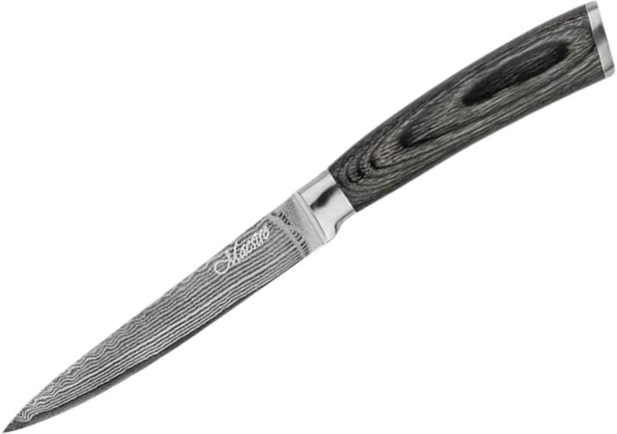 Maestro Damascus Universeel Keukenmes - 6” (15 cm) - Hoogwaardig Damaststaal - Ergonomisch Houten Handvat - Inclusief Luxe Cadeauverpakking - Zilver/Bruin