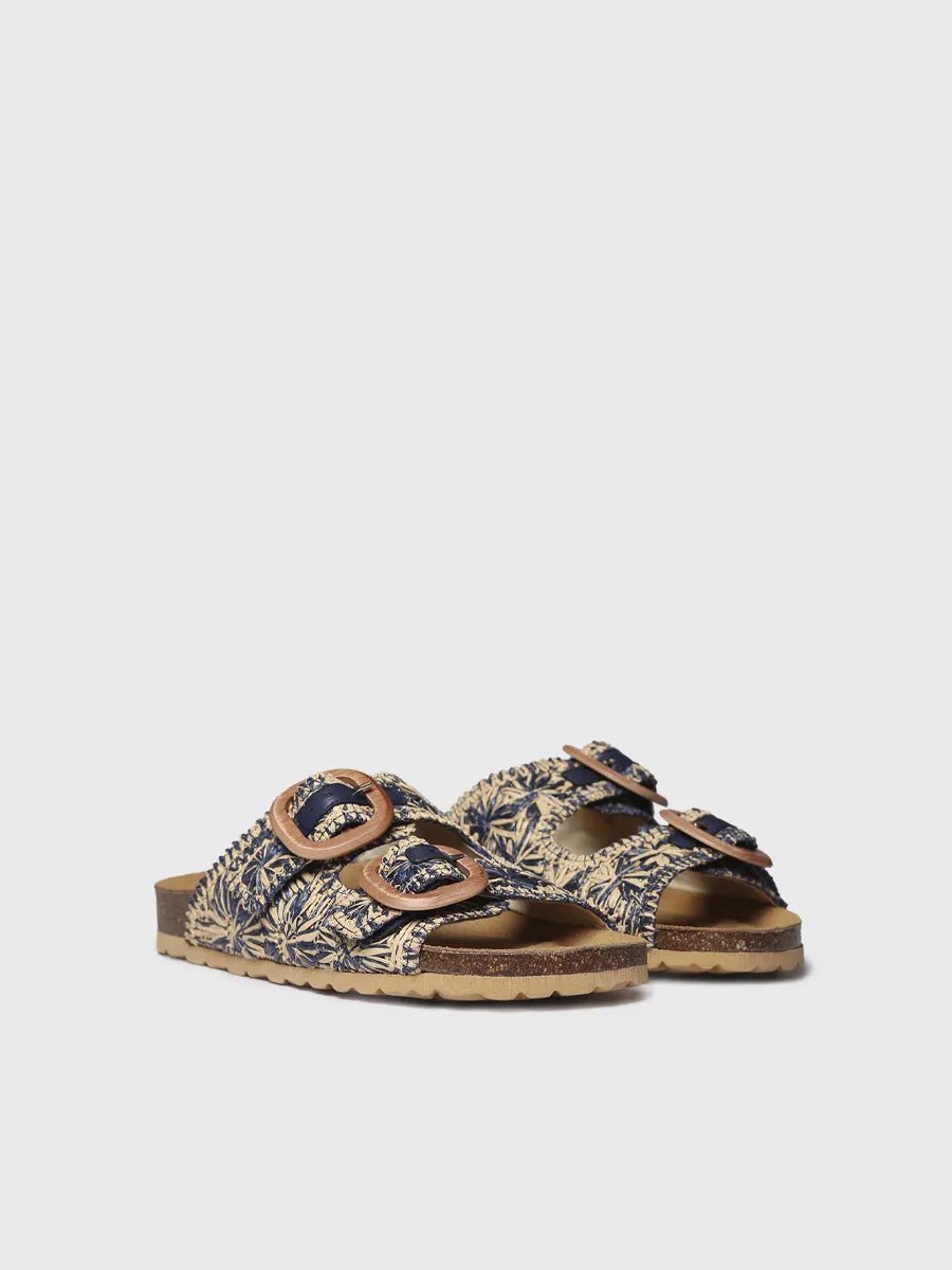 Damessandaal van raffia met bloemenprint GUAM-RF Marineblauw