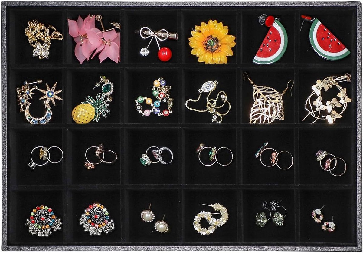 Fluwelen Sieraden Opbergdoos met 24 Vakken - Stapelbare Lade Organizer