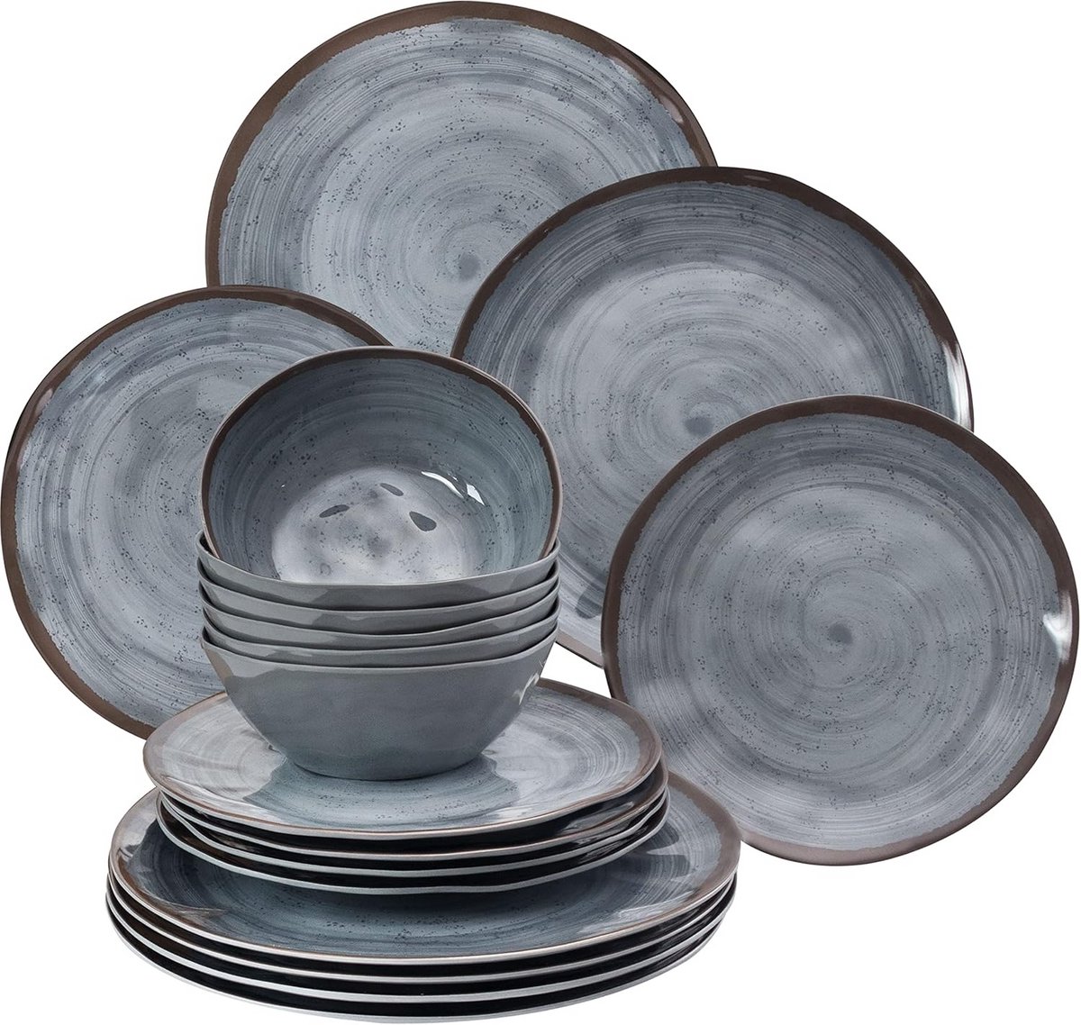 Complete Melamine Servieset voor 6 Personen - 18 Delig Steengoed Look Grijs