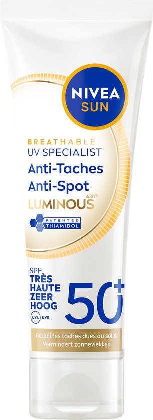 Tube Nivea Sun UV Specialist Anti-Taches Luminous SPF 50+. Hoge bescherming, brede UV-bescherming.
