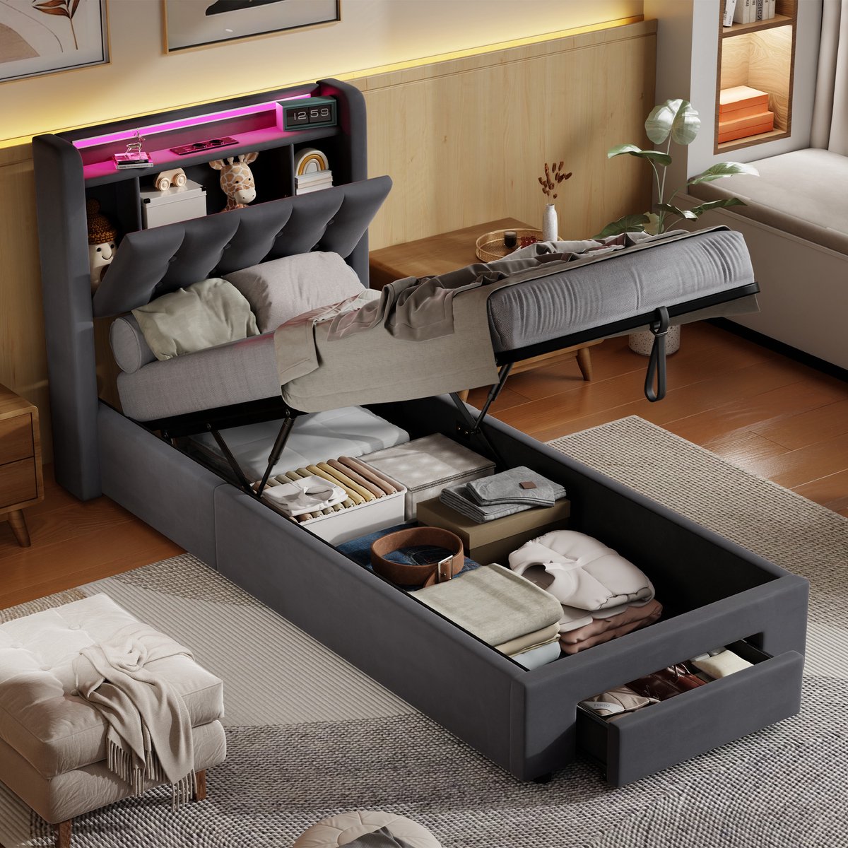 FloraGrace Bedframe Stof LED 90x190 - Eenpersoonsbed Met Opbergruimte - Fluweel - Donkergrijs