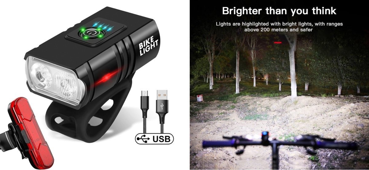 OEM Line | Professionele Bi LED Fiets verlichting set | Fietsverlichting 1000 lumen Sterk Wit licht + Achterlicht Rood | USB Oplaadbaar | IPX5 Waterdicht | Aluminium behuizing | LED Fietslamp Fiets lamp Koplamp Achterlicht | 2 Jaar Garantie
