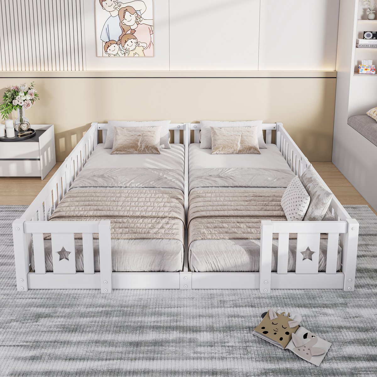 Montessori kinderbed, 90 x 200 cm, tweepersoonsbed, met veiligheidsdeur en lattenbodem, massief grenenhout, wit, exclusief matras