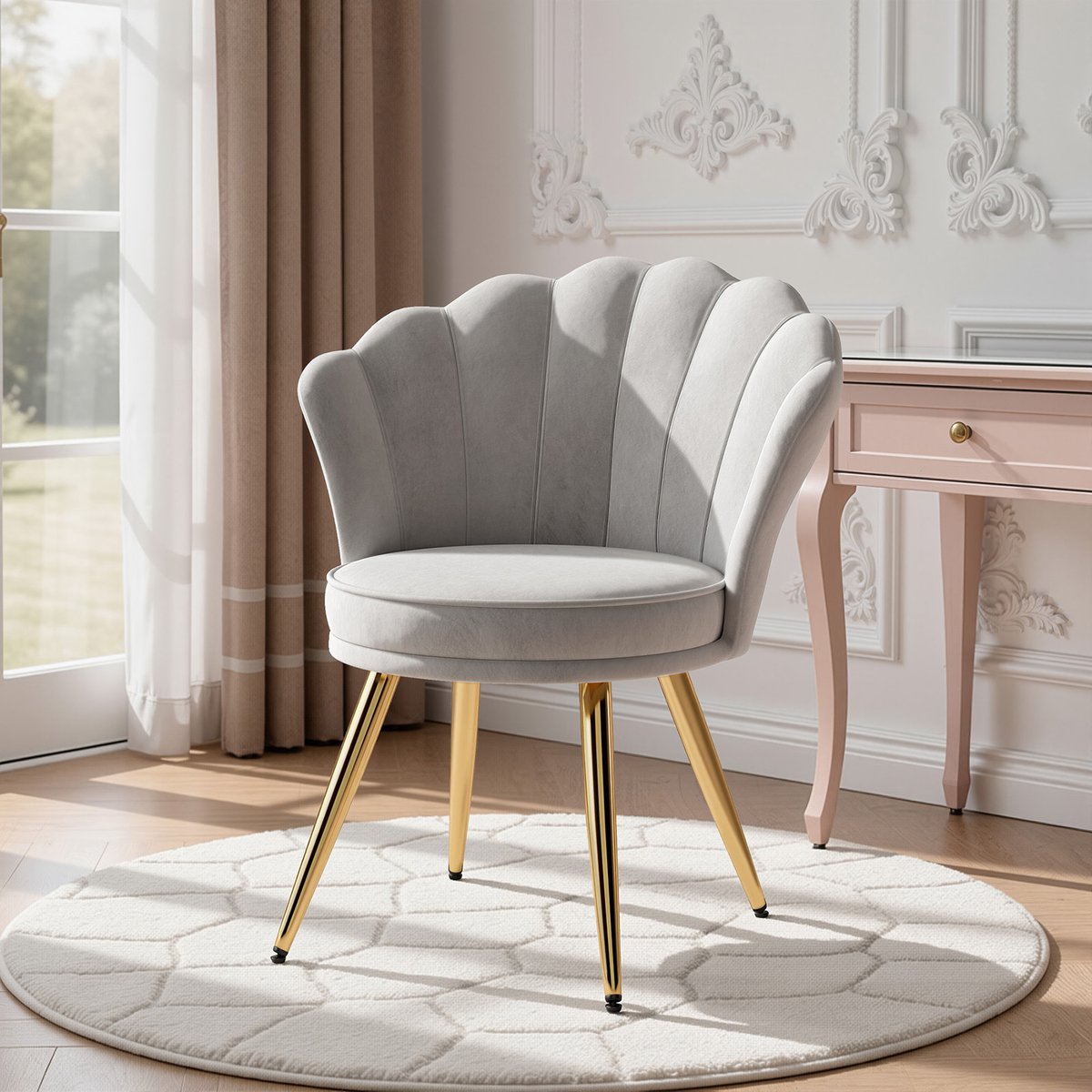 Moderne Accentstoel Fluweel, Gestoffeerde Fauteuil met Gouden Metalen Poten, Elegante Kaptafelstoel voor Woonkamer, Slaapkamer of Make-uphoek –Grijs