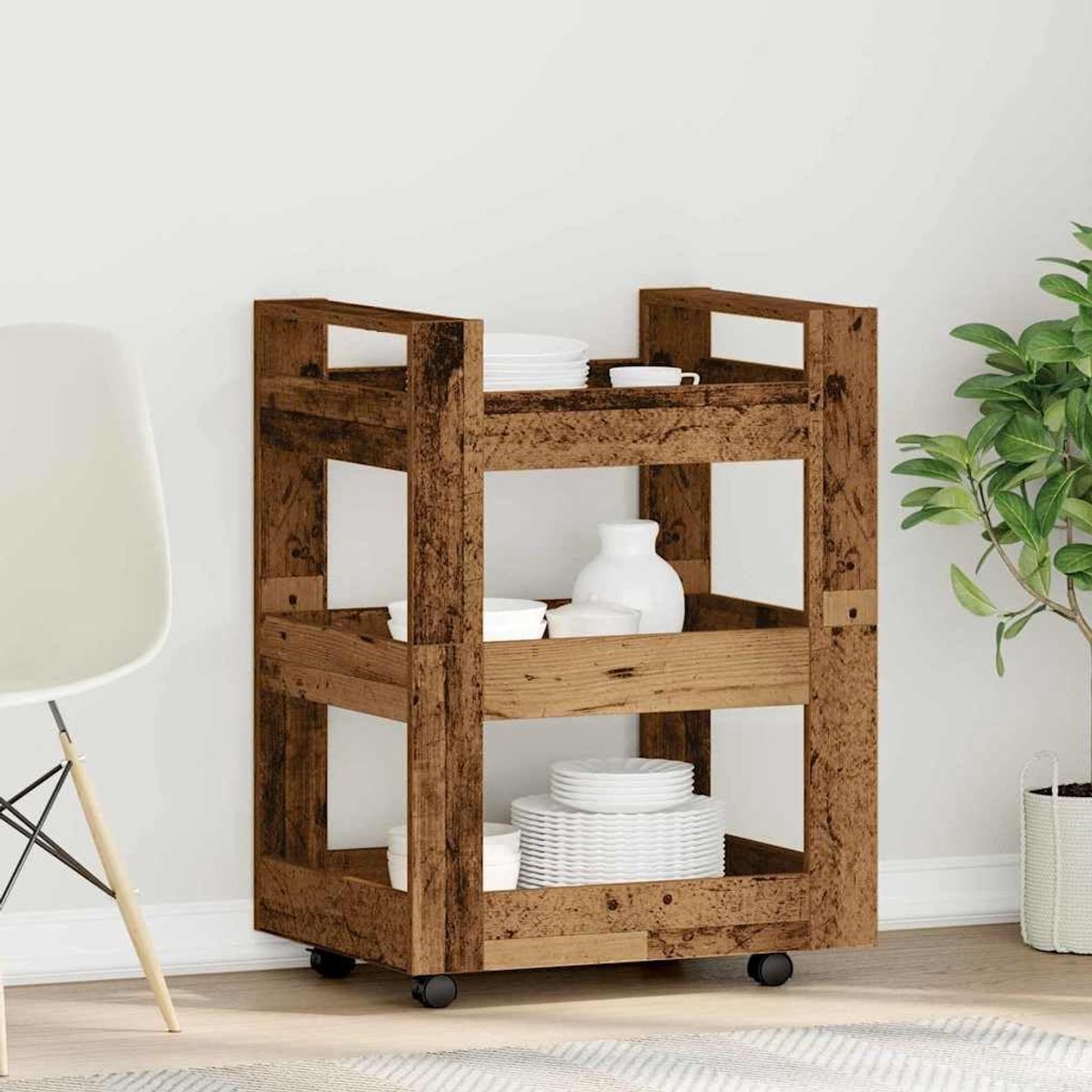 Keukentrolley Hout - Mobiele Keuken - Extra Werkruimte - Met Wielen - 60x45x80 cm - Eikenhout