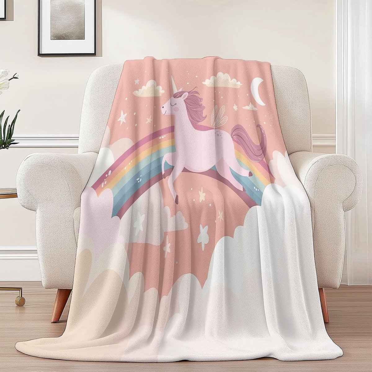 Flanellen Dekens - Zachte Plaid - Koude Avonden - Eenhoorn Droom Patroon - 100 x 150 cm - Perzik Roze — cadeau in Wonen & Interieur - foto 3