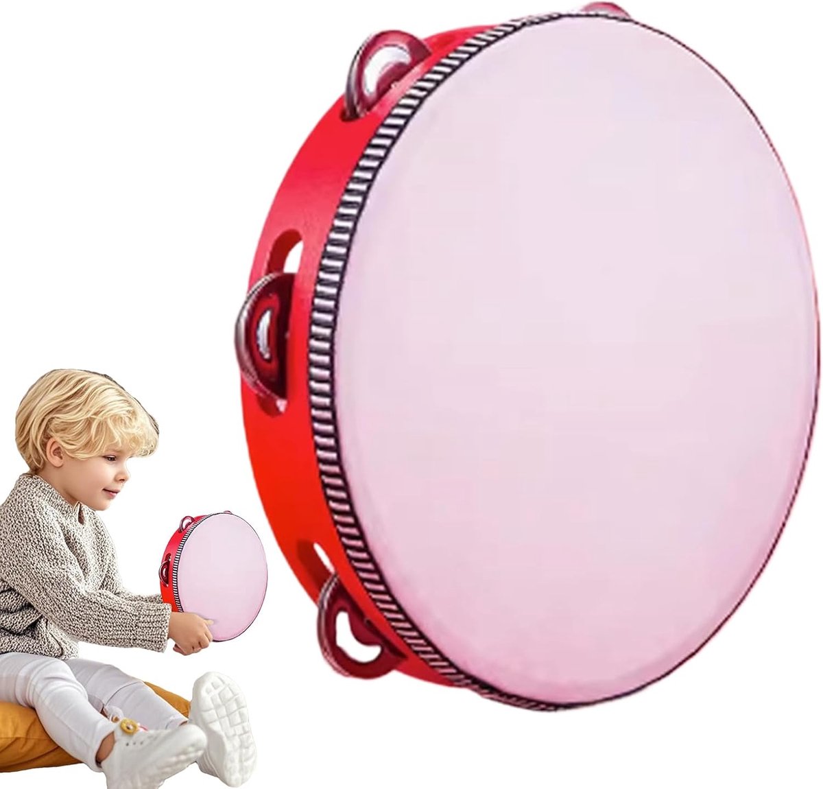 Tamboerijn Instrument - Percussie Trommel - Muziek Maken - Duurzaam Hout - 20 Centimeter - Rood