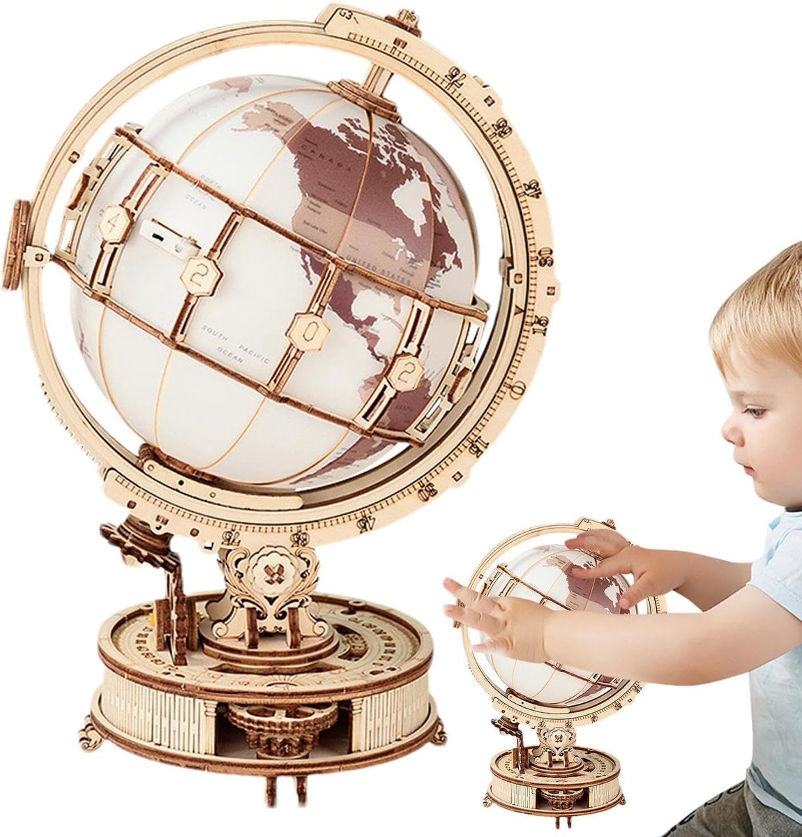 Houten Wereldbol Puzzel - 3D Puzzelset - Decoratie Bouwen - Interactieve Draaiende Wereld - 34x26x0.1 cm - Houtkleur