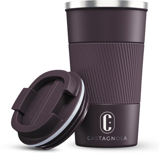 Bruine Castagnola thermosbeker met geribbelde grip, zilveren rand en open deksel ernaast. Productfoto op witte achtergrond.