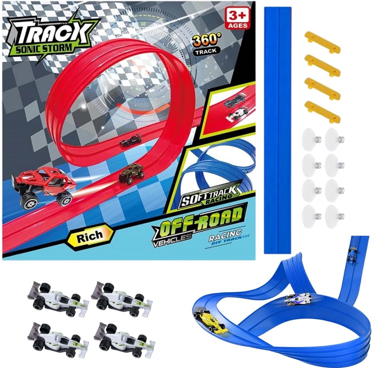 Flexibele racebaan - Buigzaam speelgoed - Creatief spel - Oprolbaar en draagbaar - 4 meter lengte - Blauw