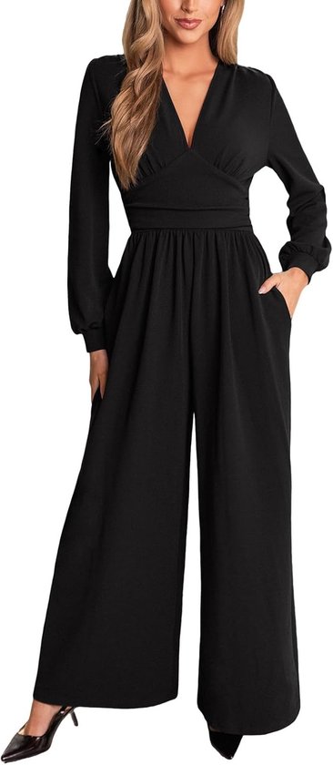 Zwarte jumpsuit met diepe V-hals, pofmouwen, elastische taille en zakken.
