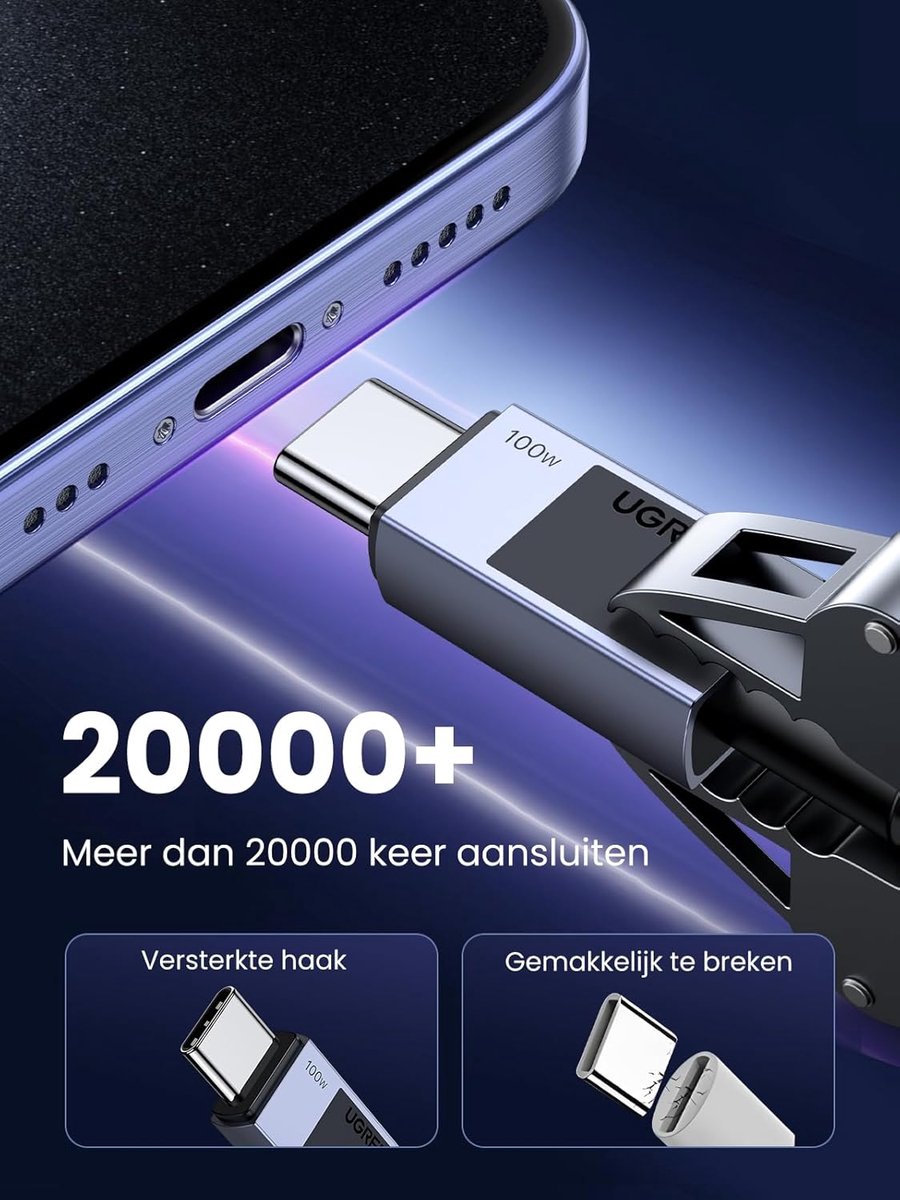 UGREEN 100W USB C-kabel 3m PD 3.0 snellaadkabel USB C naar USB C 5A/20V voor iPhone 15, MacBook, iPad, Galaxy S24, Pixel - Afbeelding 2