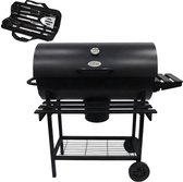 Alora Houtskool Barbecue - Inclusief Spatelset - Geïntegreerde Thermometer, Warmhoudrek, Asopvangbak & Zijtafel - BBQ op Wielen - met Deksel - Zwart