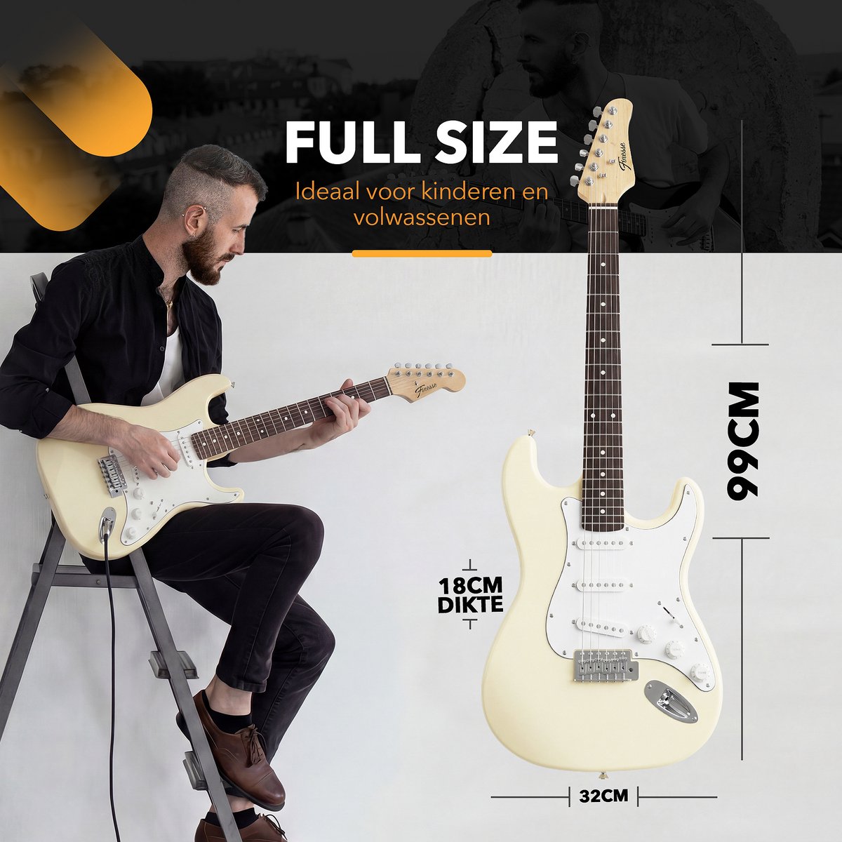 Finesse Elektrische Gitaar met Versterker - met Videocursus - Gitaar - Volwassenen - Kind - Crème thumbnail 6