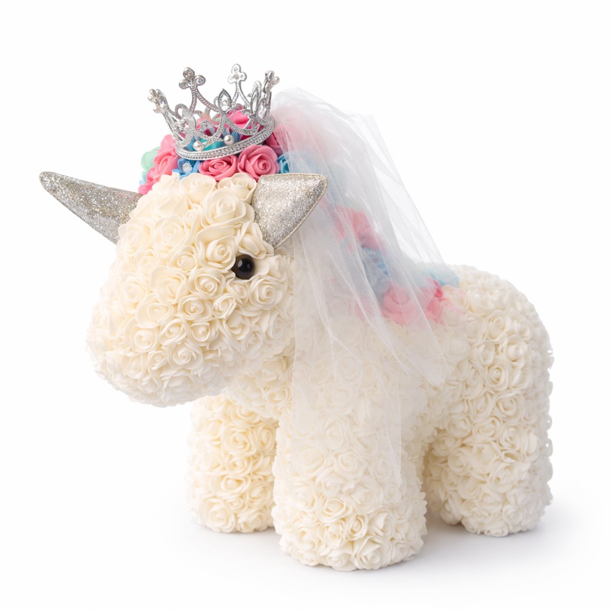 La Roselle Amsterdam Unicorn Rozen beer – Handgemaakt Rozenbeer figuur met Kroon & Sluier – Cadeau wit