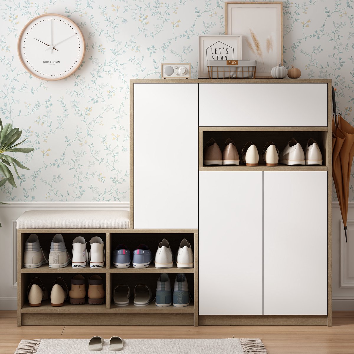 Wishdor - Schoenenkast Met Zitkussen - Verstelbare Planken - Modern - Spaanplaat - Wit - 140 x 35 x 110 cm