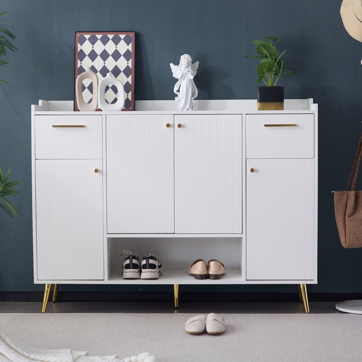 Wishdor - Schoenenkast - 2 Laden En 4 Deuren - Modern - Voor Hal - Spaanplaat - Wit - 130 X 37 X 100 Cm