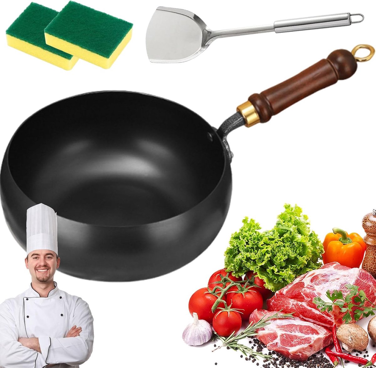 Gietijzeren Wokpan Ongecoate Braadpan Roerbakken en Koken Handgehamerd Ontwerp 20 cm Zwart