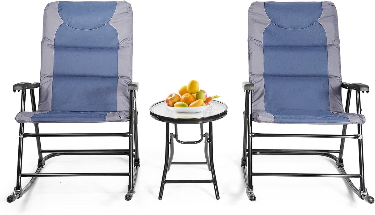 KOMFOTTEU Inklapbare schommelstoelset met bijzettafel, moderne outdoor tuinmeubelset met antislip voetkussens, 2 schommelstoelen voor tuin, balkon, terras en binnenplaats (blauw)