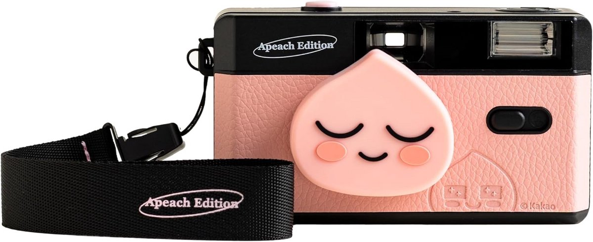 Kakao Friends herbruikbare 35 mm filmcamera [Apeach Edition], vaste focus en groothoek, ingebouwde flitser en compatibel met 35 mm kleurnegatief of B/W-film (film en batterij niet inbegrepen)