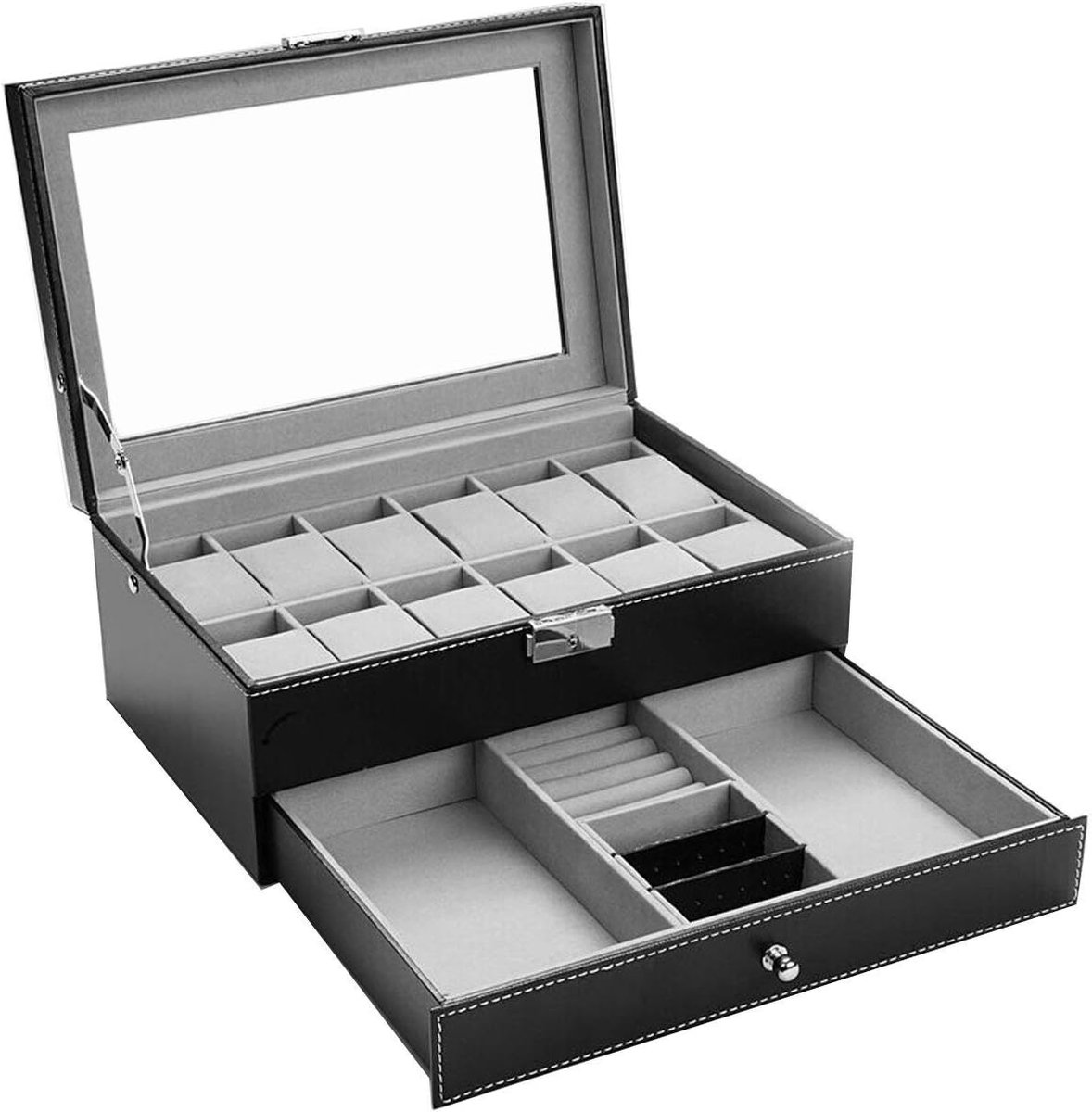 Leren Horloge Box met Juwelen Display en Sluiting - Zwart