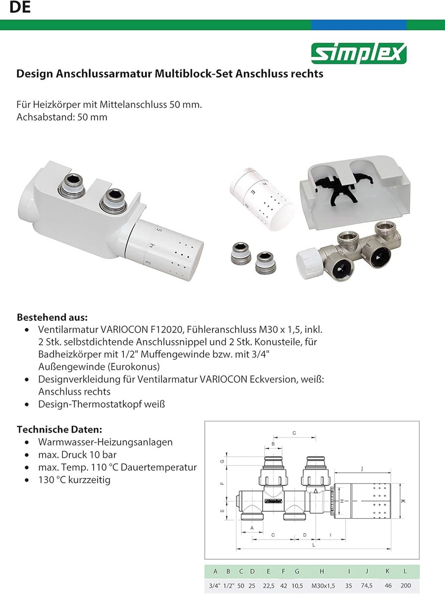 Design Ventielkraanblok voor Radiatoren - Aansluitset met Thermostaatkop en Witte Paneel
