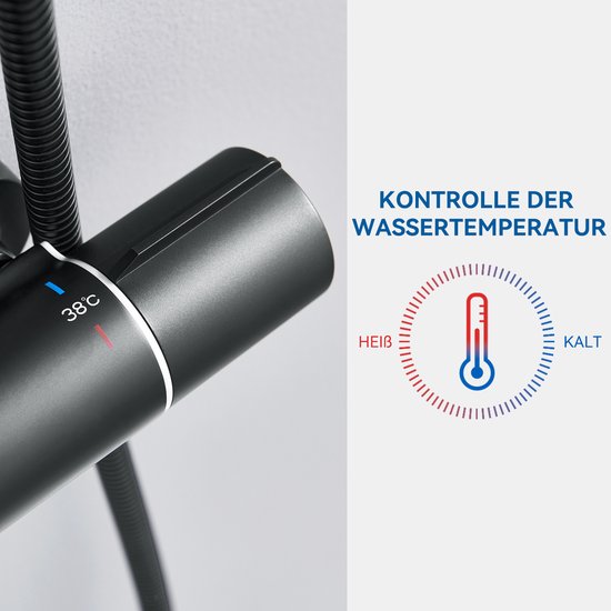 Close-up van een zwarte thermostatische mengkraan met temperatuurindicatie 38°C.