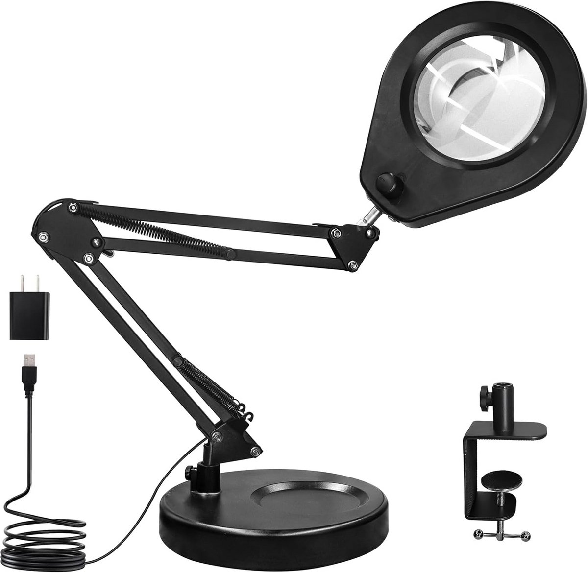 LED Vergrootlamp met Standaard en Klem - Dimbaar met 5 kleuren en 5-voudige Loep voor Hobby en Inspectie