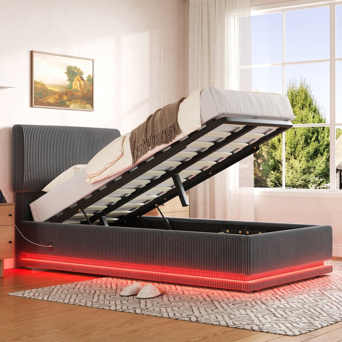 Wishdor Gestoffeerd Bed - 90 x 200 cm - LED en USB-C - Verstelbaar Hoofdbord - Corduroy - Opbergruimte - Donkergrijs - Modern Compact Bed