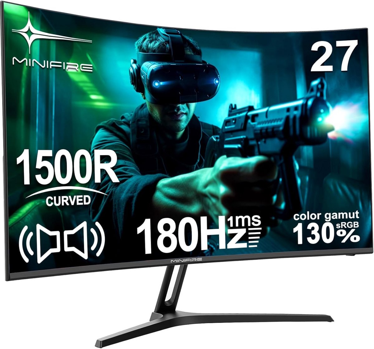 Minifire 27 Inch Gaming Monitor, 180Hz, Gebogen Gaming Monitor, Ingebouwde Luidspreker, Crosshair, 1Ms, sRGB130%, FHD 1080P computerscherm, VESA-compatibel, Eye Care Adaptive Sync HDMI&DP Prots