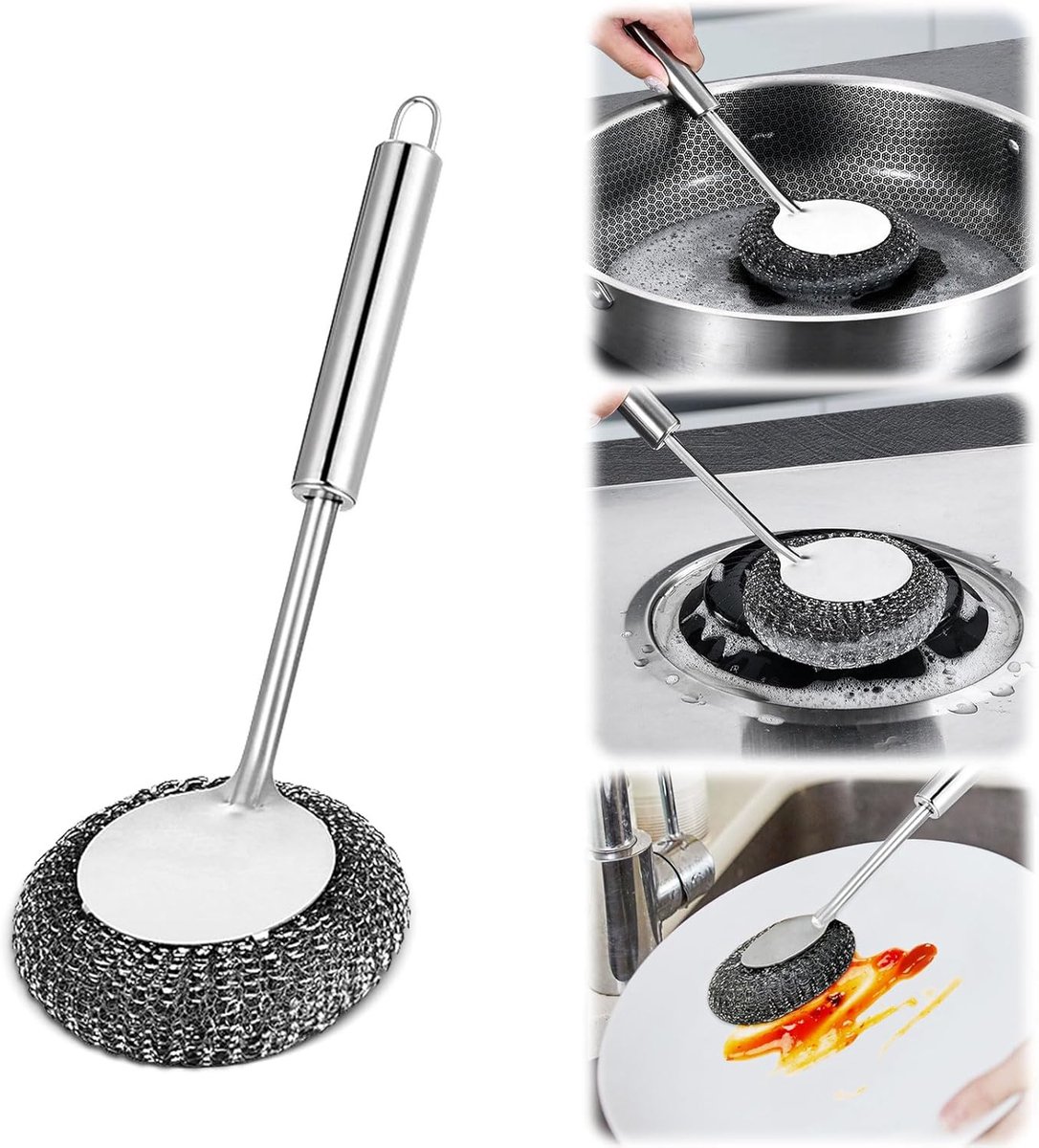 Cuhostki-1-Roestvrijstaal-Pannenborstel-Met-Lange-Stang-Zilver-GeenModel-Diepreinigend