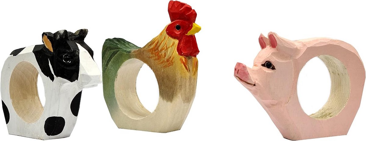Set van 3 handgesneden servetringen in boerderijdieren stijl