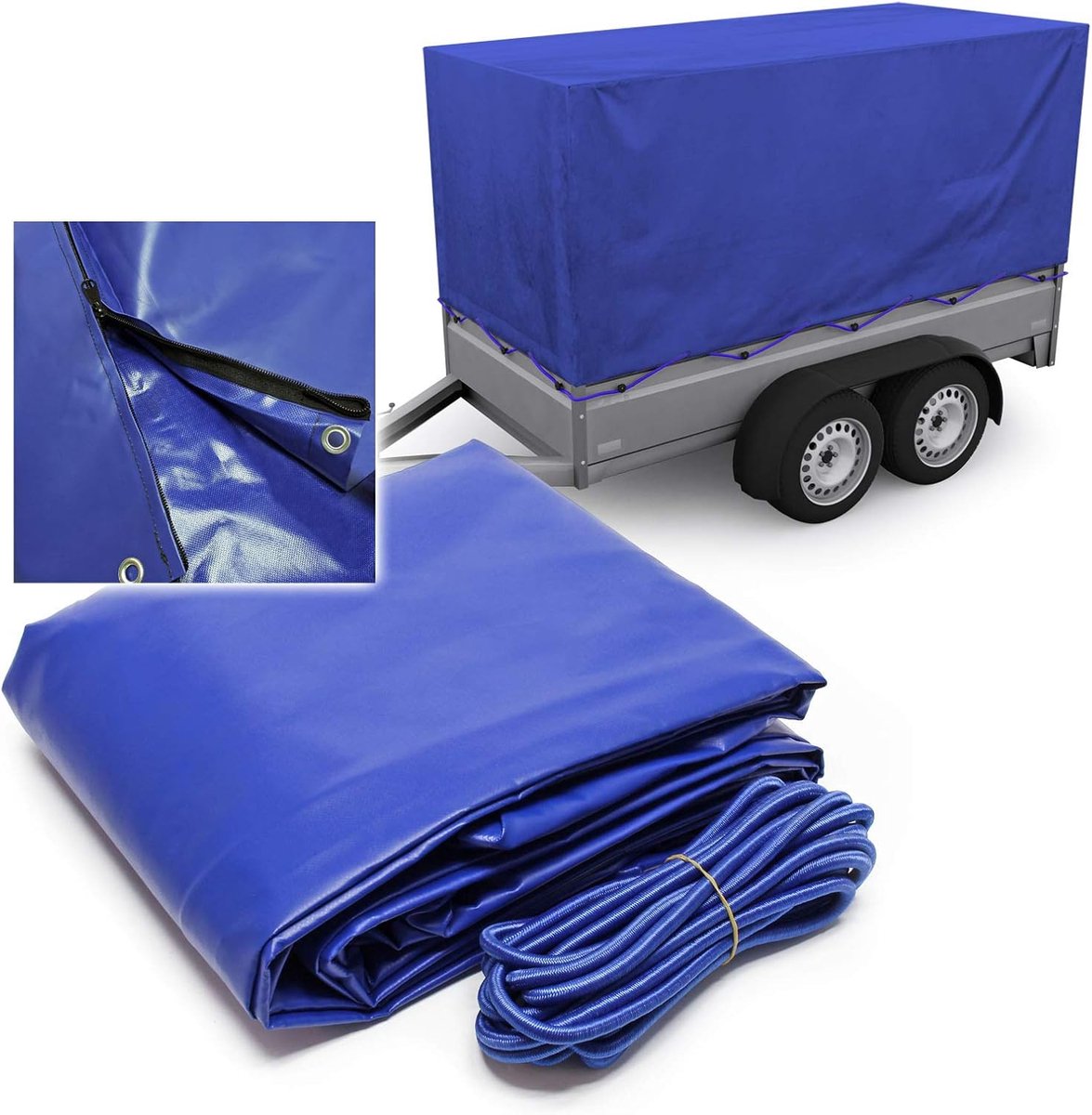Trailerzeil 209 x 114 x 88 cm met 2 Ritsen en Spanband - Blauw Polyester 1000D