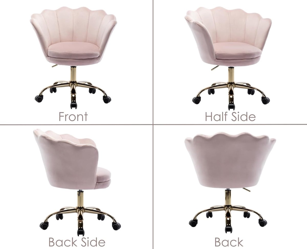 Bureaustoel Casa Velluto Velvet Bloom – Lichtroze – Fluwelen Draaistoel met Bloemblaadjes Rugleuning – In Hoogte Verstelbare Bureau Stoel – Moderne Make-Up Stoel / Thuiswerkstoel met Wielen