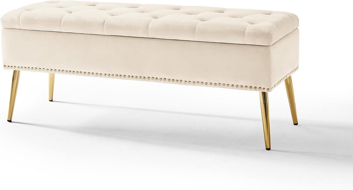 Moderne fluwelen opbergbank met gouden basis en studs