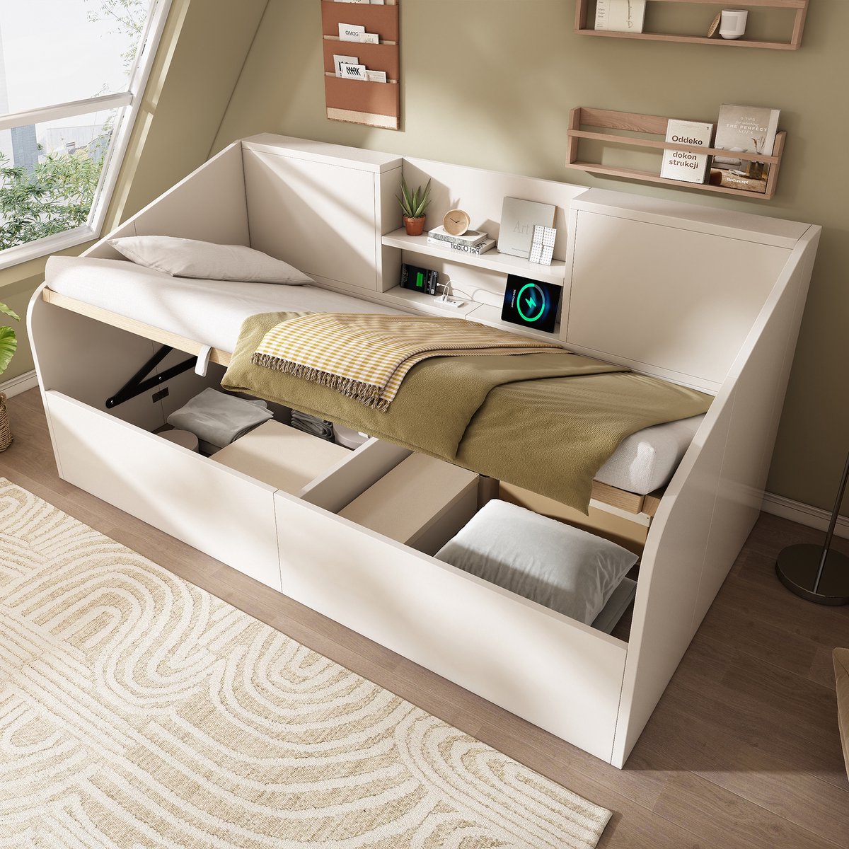 MIVRAY Dagbed 90x190 Cm - Zonder Matras Met Hydraulische Opbergruimte En Laadstation - Met Lattenbodem En Planken - Hout - Wit
