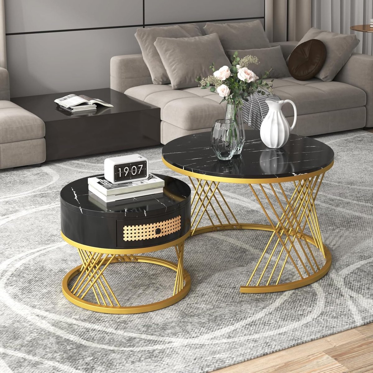 Nesting Salontafel Set van 2 met Ronde Marmeren Patroon en Lade voor Keuken en Woonkamer