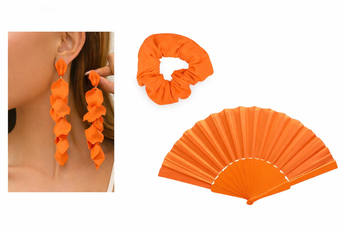 Oranje Koningsdag Pakket – Oorbellen, Waaier & Scrunchie – Feestelijke Oranje Accessoires - WK