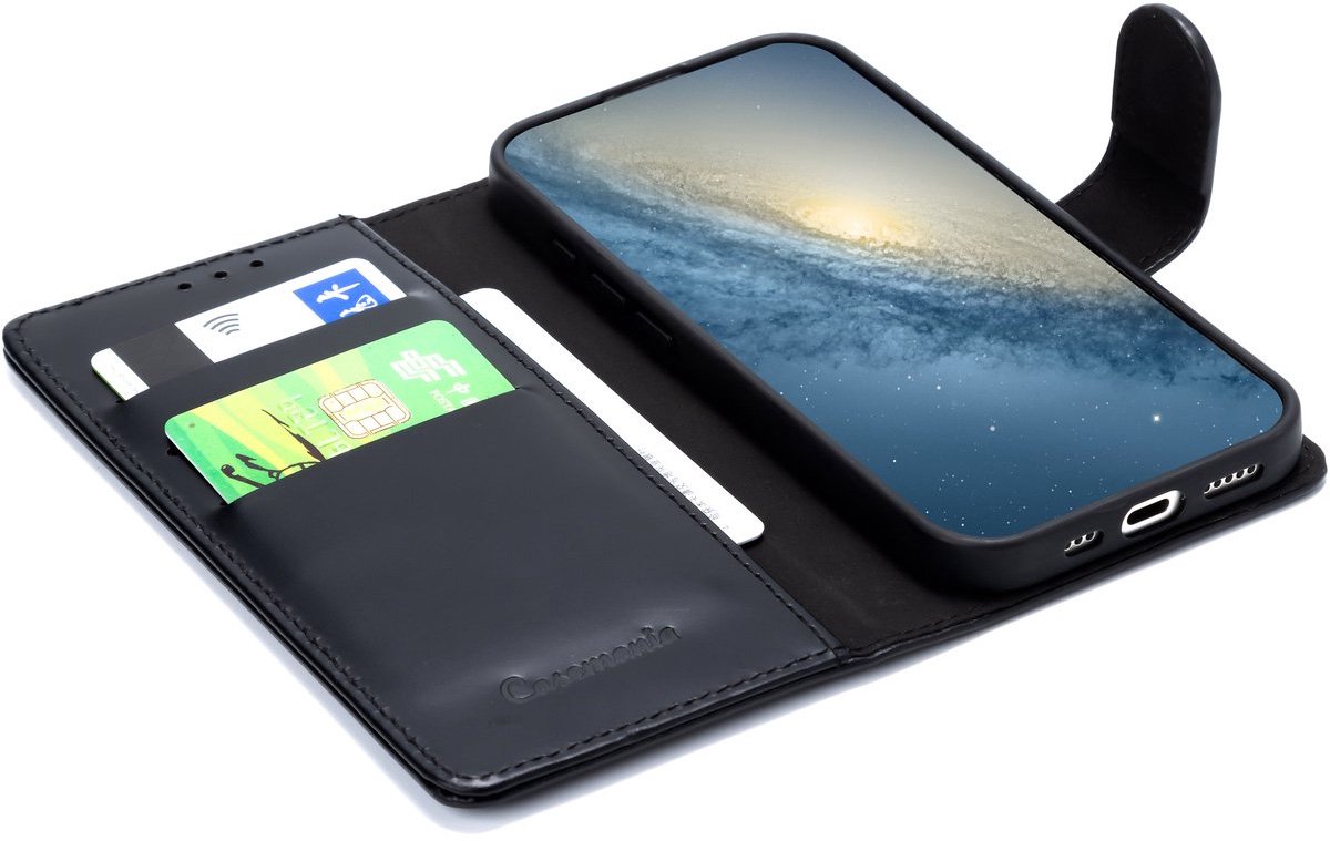 CaseMania Bookcase hoesje geschikt voor iPhone 17e/16e - Effen Zwart - Leer