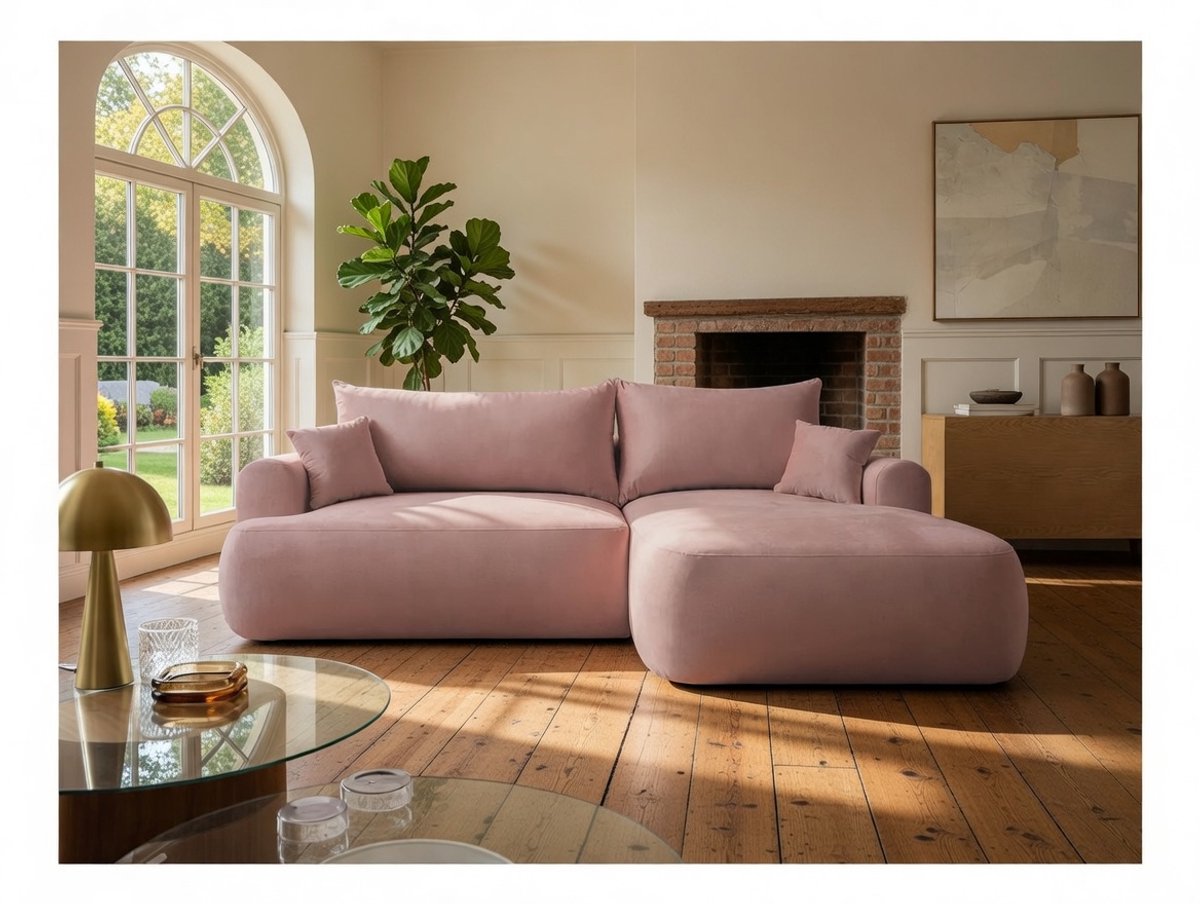 Hoekbank met slaapfunctie 260 × 165 × 93 cm – Lichtroze fluwelen hoekbank met opbergruimte, DL-systeem uittrekbaar bed 142 × 210 cm, 4-zits loungebank met chaise longue rechts – Velvet Comfort OVO – Bellavero
