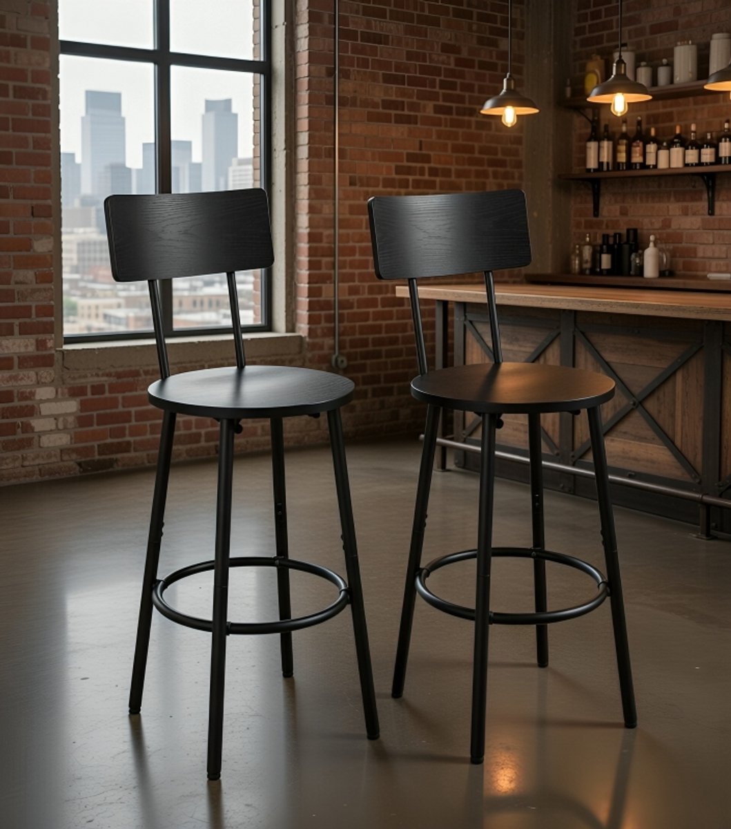 Retro Industriële Barkrukken met Rugleuning en Voetensteun – Set van 2 – Zwarte Metalen Barstoelen voor Keuken, Woonkamer, Bar of Terras – Verstelbare Poten en Stevig Metalen Frame – Comfortabele H...