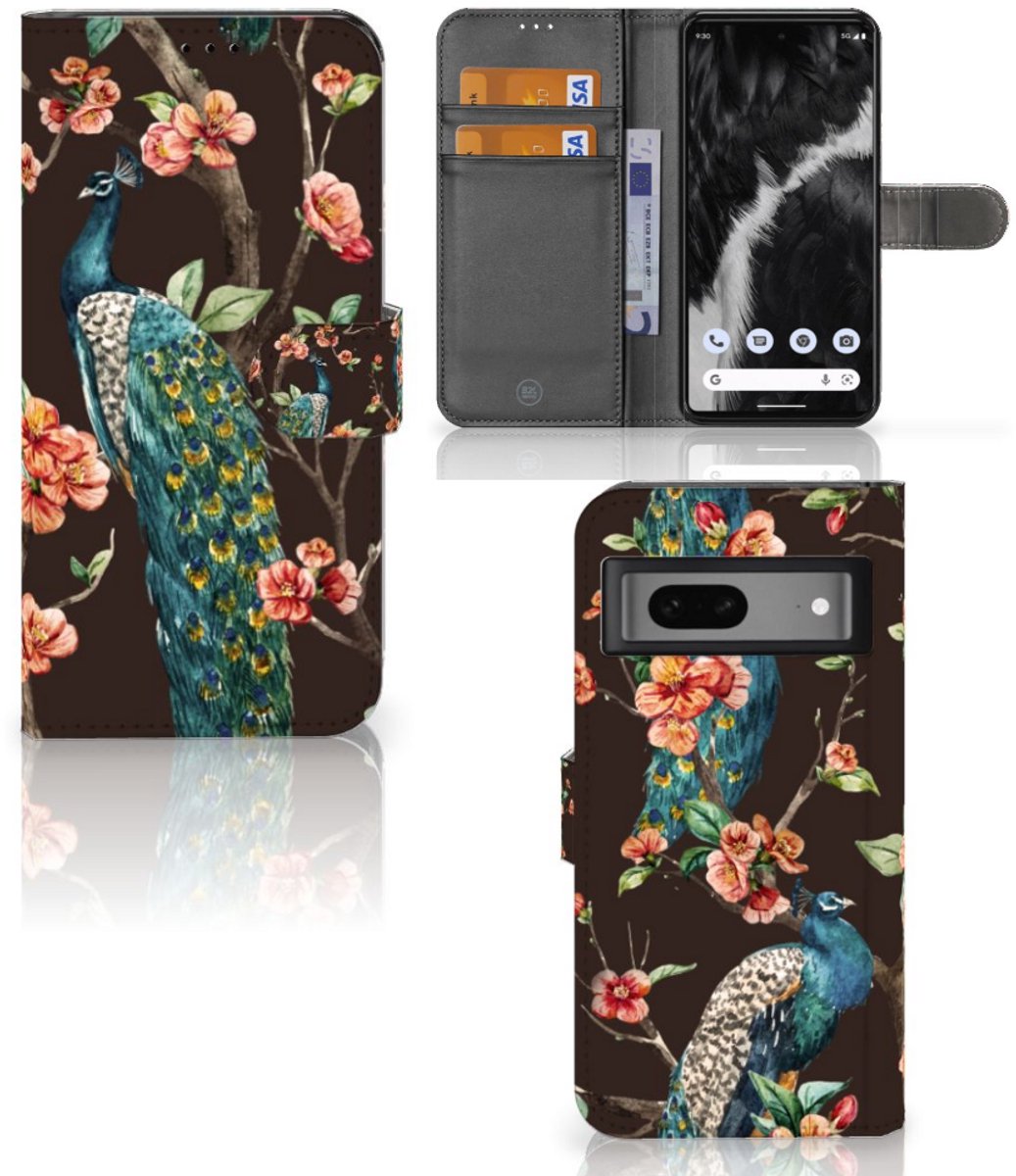 Google Pixel 7 Telefoonhoesje met Pasjes Pauw met Bloemen