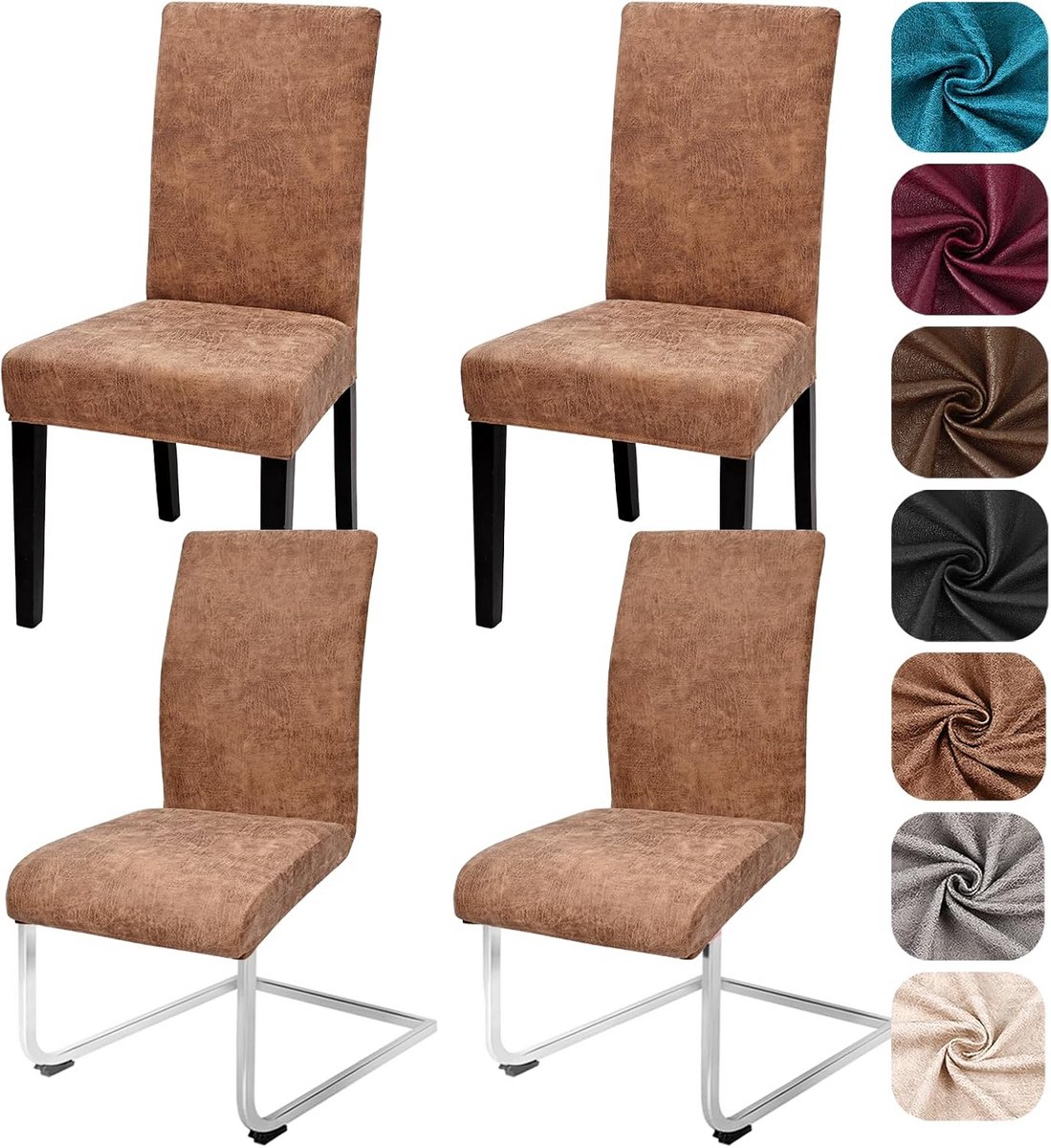 Elastische stoelhoezen set van 4/6 voor eetkamerstoelen - Vintage PU stretch - Wasbaar en afneembaar